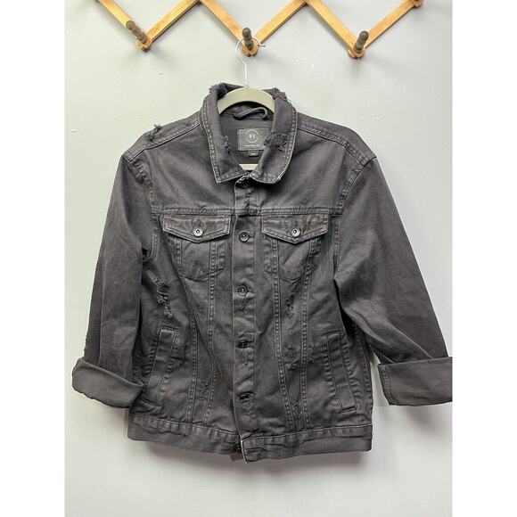 91 Cotton On‎ Jacket Women's Size Medium Distressed Black Denim Trucker Button - Picture 1 of 6